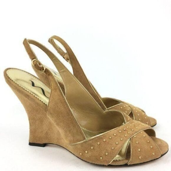 Nina Heels Size 8 38 tan Suede Studded Peep Toe Wedges - Picture 1 of 8